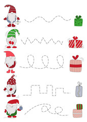 Handwriting practice worksheet. Children's cartoon tasks with gnomes and gifts. Preschool education, educational children's game, sheet for printing, teaching writing. Images