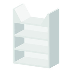 Long Blank Empty Showcase Display With Retail Shelves. Perspective View 3D. Illustration Isolated On White Background. Mock Up Template Ready For Your Design. Product Advertising. Vector EPS10