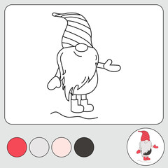 Christmas Cartoon Gnome coloring page. Development task for children. Coloring book isolated on white background. Images