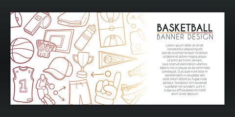 Basket Banner Doodles. Basketball Background Hand drawn. Sport Icons illustration. Vector Horizontal Design.