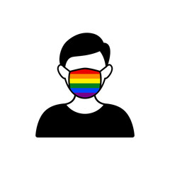 Man with rainbow LGBT flag on medical mask icon