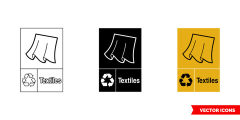 Textiles recycling sign icon of 3 types color, black and white, outline. Isolated vector sign symbol.