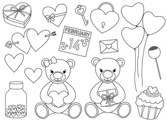 Set Valentine's day Bears heart balloons gifts candy black and white coloring vector illustration	
