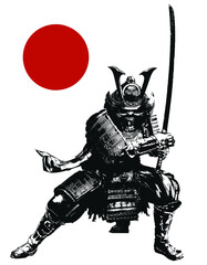 The black silhouette of a samurai with a katana in his hands, against the red sun, he crouched in a low stance, ready for battle. 2d illustration. - 405470727