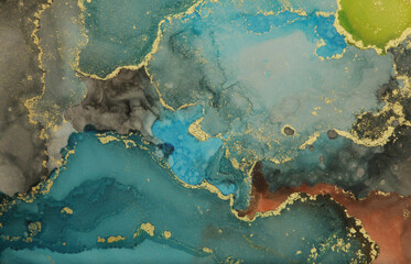 Abstract blue and gold glitter color horizontal background. Marble texture. Alcohol ink.