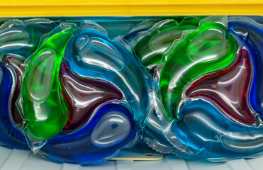 capsules for washing with colored gel view from top close-up
