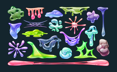 Realistic colorful homemade slime in shape of dripping blob splashes smudges. Goo blob splashes, toxic slimy liquid which is dripping, stretching, slimy drops. Radioactive spots drops