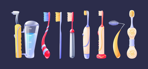 Toothbrushes mockup. Realistic plastic tooth brushes, different shapes for brushing teethwith. Personal dental hygiene, toothbrush dental electric equipment, prevention of teeth and gums