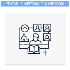 Online religious service line icon. Meeting together concept. Internet streaming website. Live, social distanced sermon. Remote public liturgy, community. Isolated vector illustration. Editable stroke