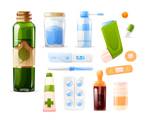 Pharmaceutical medical packaging pills mockup. Pharmacy medications. Medicine drugs, pharmaceutical treatment, medicine pills bottles vitamins sprays blister tube aerosol can pipettes plaster