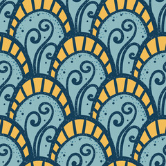 trendy blue orange doodling pattern for linen bag textile