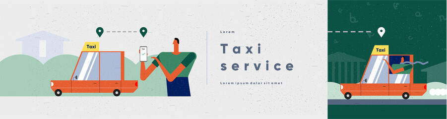 Taxi service, get a taxi. People and technology in the modern world. Vector illustration. Web size and cover. Minimalistic style for animation and presentations. © Molibdenis-Studio
