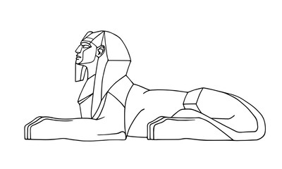 lying ancient Egyptian sphinx, for tourist logo or emblem, symbol of Egypt, lion with human head, vector illustration with black ink lines isolated on white background in cartoon and hand drawn style