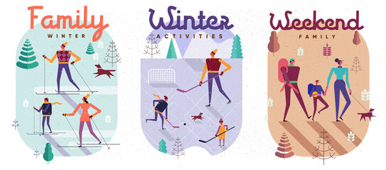 Family and vacation. Set of illustrations, family vacation, family spending time together, lunch, picnic, vacation and active activities.