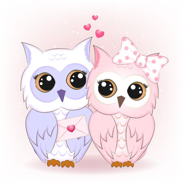 Couple owl and letter valentine's day concept illustration