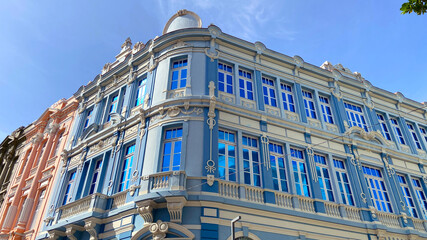 Historic old vintage retro color colorful blue pink buildings in downtown Brazil beauty city Recife Pernambuco Brazil