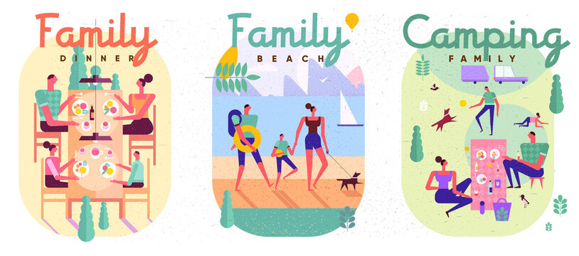 Family and vacation. Set of illustrations, family vacation, family spending time together, lunch, picnic, vacation and active activities.