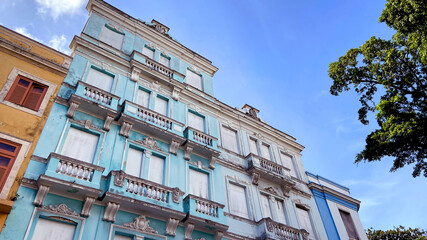 Historic old vintage retro color colorful blue pink buildings in downtown Brazil beauty city Pernambuco Brazil