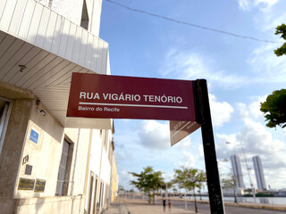 Recife Pernambuco Brazil 01 05 2021 Sign of name street in dowtown historic city brazil