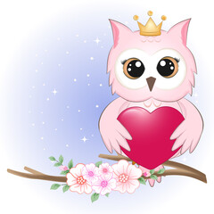 Cute owl and heart valentine's day concept illustration