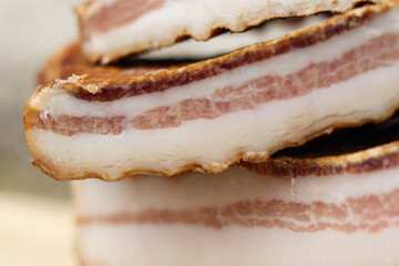 Closeup of domestic bacon layers made in Serbia