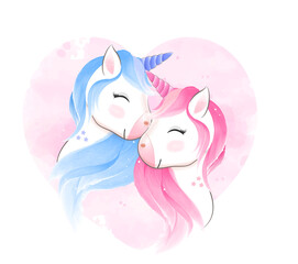 Couple Unicorn hand drawn cartoon animal watercolor illustration