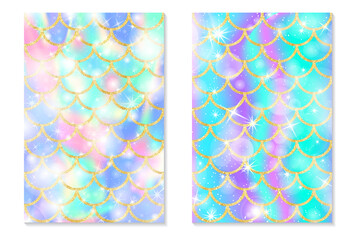 Set of holographic rainbow background. Mermaid gold scales. Hologram print for invitation card.