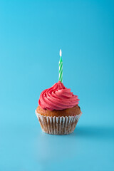 Pink birthday cupcake with green candle on blue background