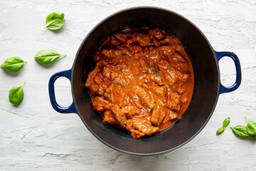 Traditional goulash stew basil. Traditional hungarian dish with beef and paprika.