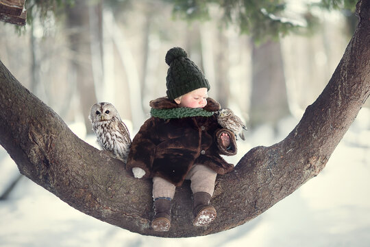 Little cute boy with owl sitting on the curved tree. Image with selective focus and toning.