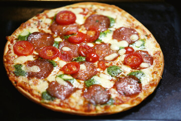 Salami, tomato and pesto sauce pizza, close up taken, top view