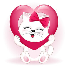 Little cat and heart valentine's day concept illustration