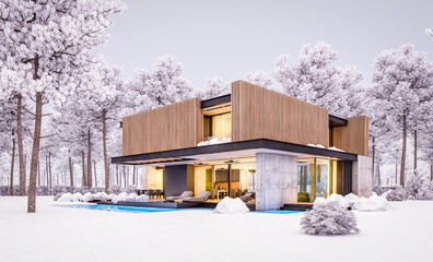 3d rendering of modern cozy house with parking and pool for sale or rent with wood plank facade and beautiful landscaping on background. Cool evening winter with cozy light from windows