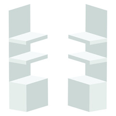 Long Blank Empty Showcase Display With Retail Shelves. Perspective View 3D. Illustration Isolated On White Background. Mock Up Template Ready For Your Design. Product Advertising. Vector EPS10