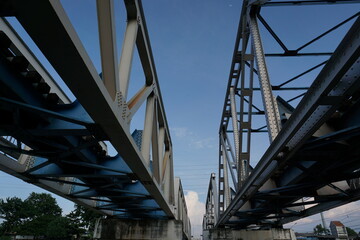 The railway bridge is visible from under the backdrop of the beautiful blue sky.