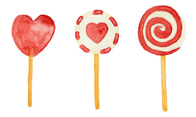 Valentine's set, red lollipops isolated on white, watercolor