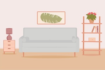 Vector illustration of the interior of a modern living room with a sofa and a variety of decor. Flat design style vector template