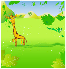 Jungle landscape illustration with trees, green meadow and giraffe.