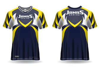 Esport gaming t shirt jersey template, uniform, front and back view 