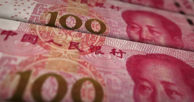 Chinese yuan Renminbi banknote loop. Mao 100 RMB money texture. Concept of business, crisis, recession, economy, corruption and finance in China. Moving over PRC note. Loopable seamless 3d animation.