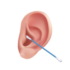 Hygiene of the ear canal with a cotton swab. Vector realistic illustration of cleaning the human ear from earwax close up isolated on a white background