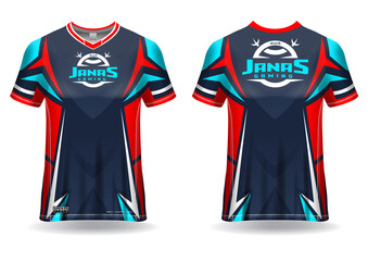 Esport gaming t shirt jersey template, uniform, front and back view 