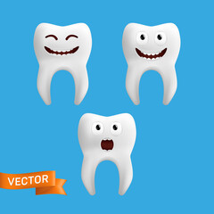 A set of cute tooth characters with different facial expressions. Vector collection of tooth emojis isolated on a blue background. Funny icons for children design