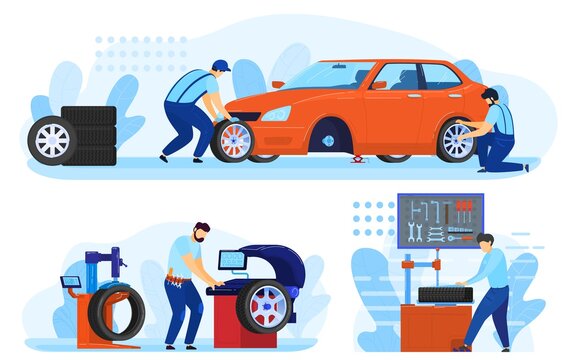 Auto mechanic service of tire maintenance, car repair set of vector illustration. Vehicales tires repair station. Workers change automobiles wheels, equipment. Automotive garage shop and business.