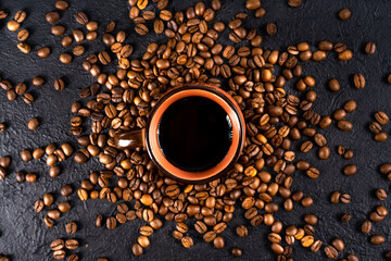 Cup of coffee and coffee beans