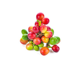 Red coffee beans, ripe and unripe berries isolated on white background