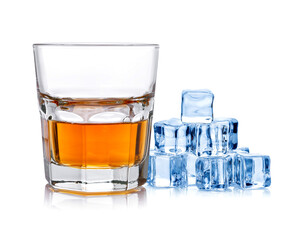 glass of whiskey with ice isolated on a white background