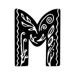 Obraz premium Monochrome letter M isolated on white background with floral pattern, vector hand drawn illustration for logo, postcard design, posters, banners, etc
