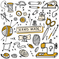 Set of hand-drawn craft supplies and tools. Doodle design elements isolated on white background. Images
