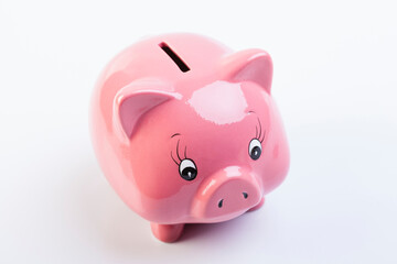 Pink Piggy Bank. Romanian currency, stack of coins